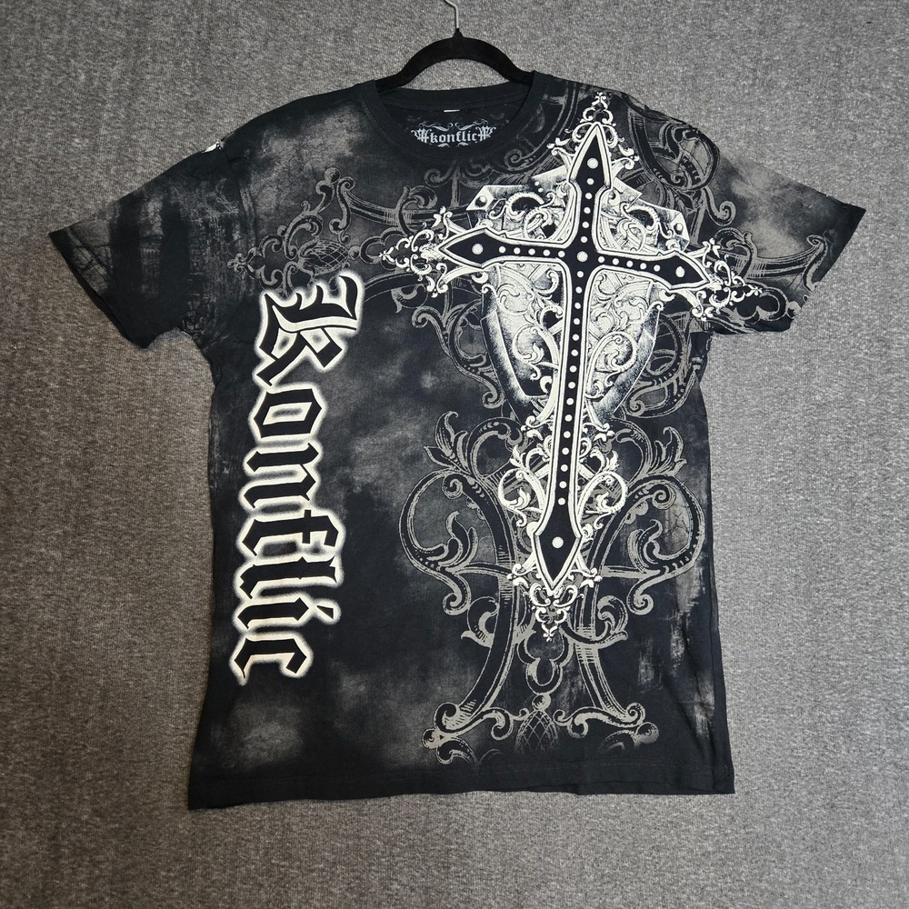 Konflic‎ T-shirt Mens  XL Giant Cross Graphic Fashion MMA Muscle Y2K Affliction